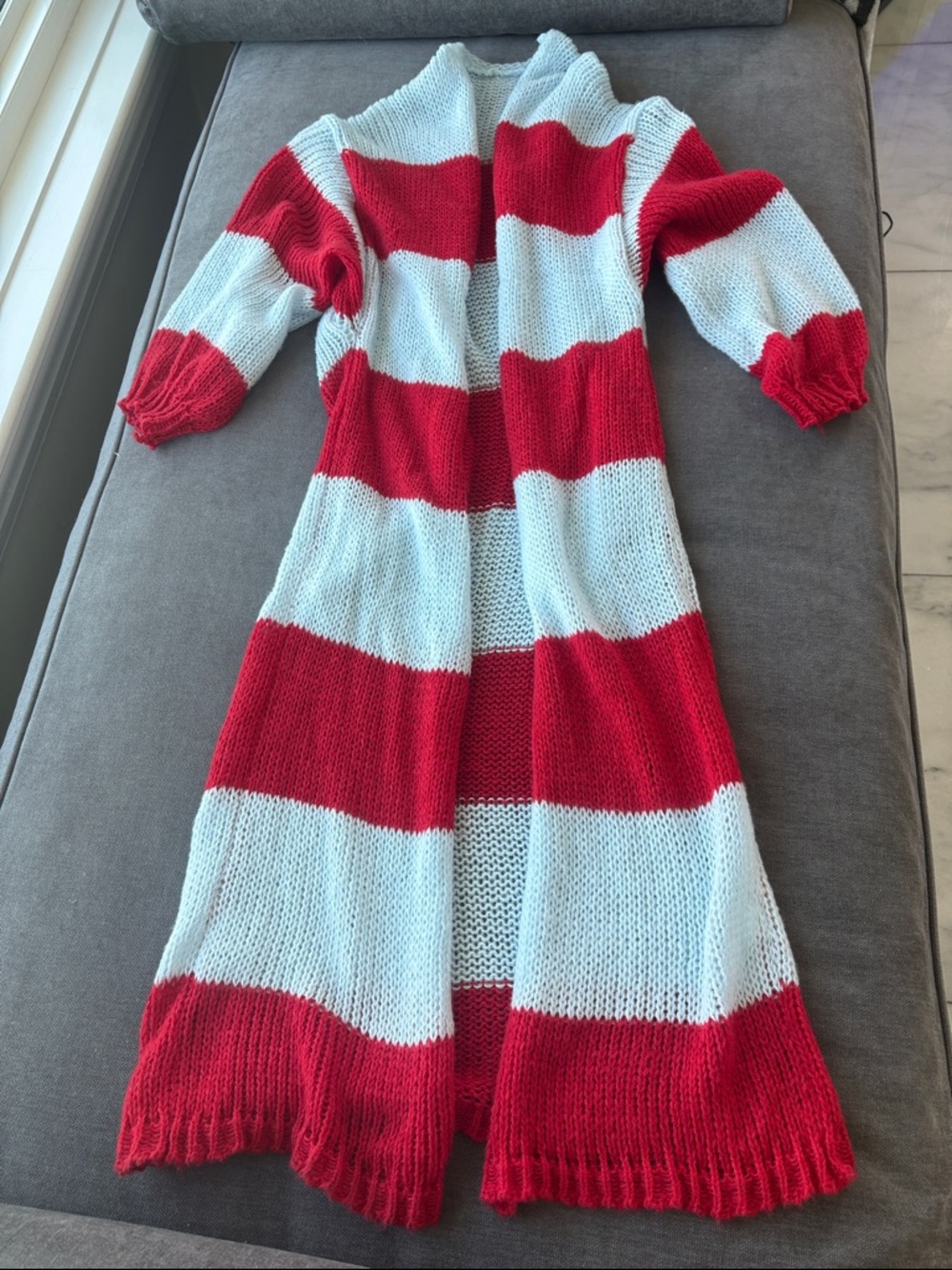 Women's Red and blue Striped Open Knit Cardigan Sweater